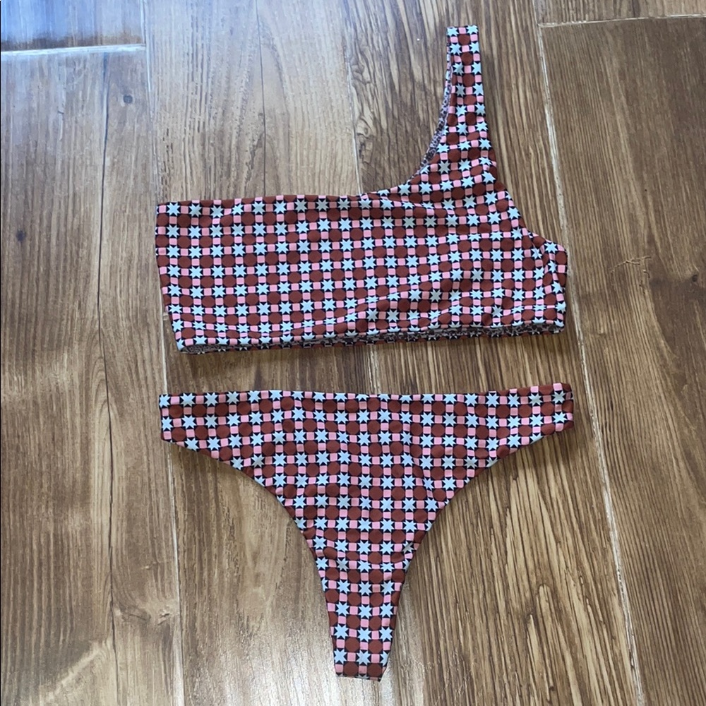 Acacia one shoulder geometric reversible bikini set